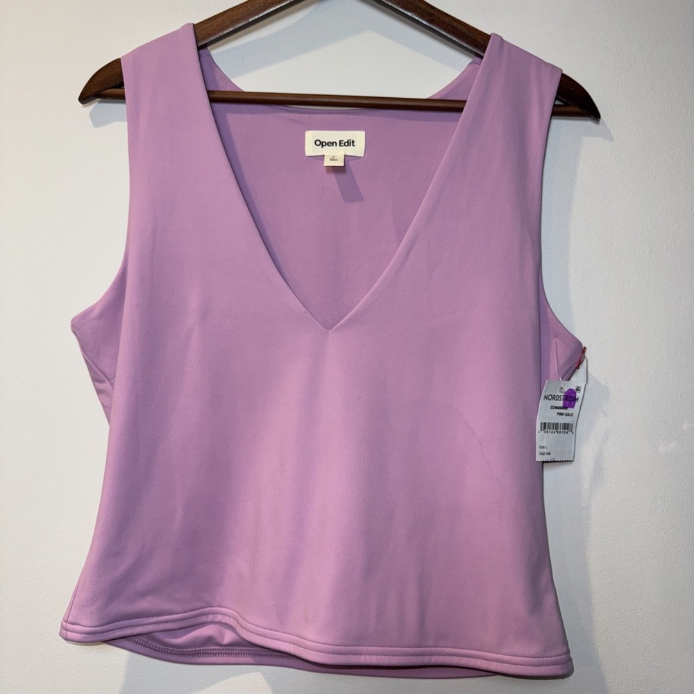 Open Edit V-Neck Smooth Tank Top Womens‎ Large Pink Gale CropLined Stretch NWT
